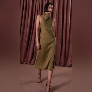 MISHA‎ COLLECTION Robbia Satin High Neck Draped Midi Dress In Dusty Olive Size 4